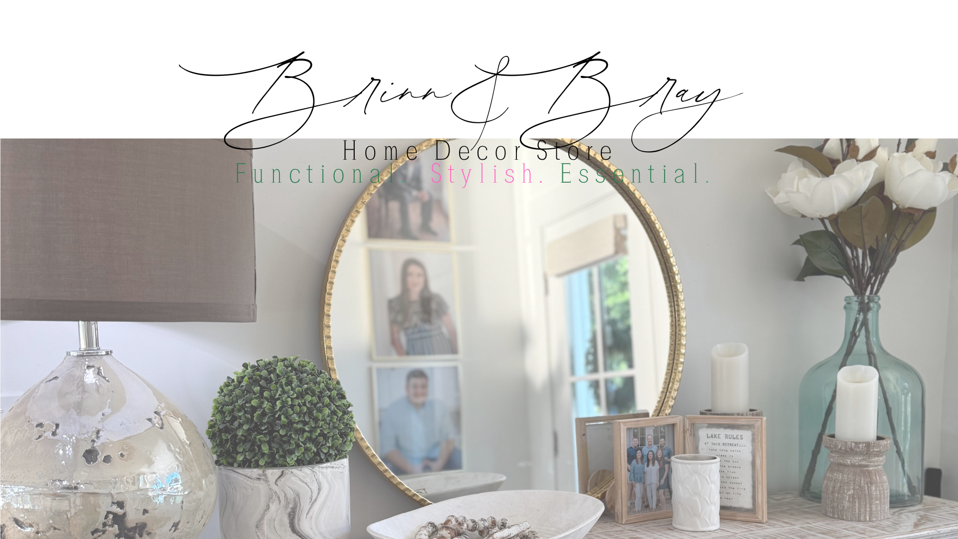 Home decor store with a mirror, lamp, and decorative items on a shelf.